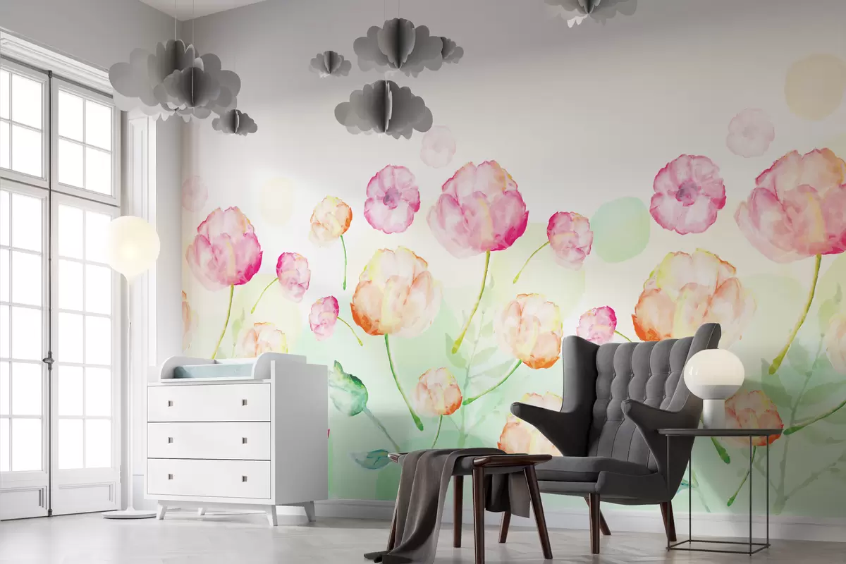 Fototapeedid punakasoranžid ja roosad akvarelltehnikas tulbid valgel roheliste plekkidega taustal w01028
