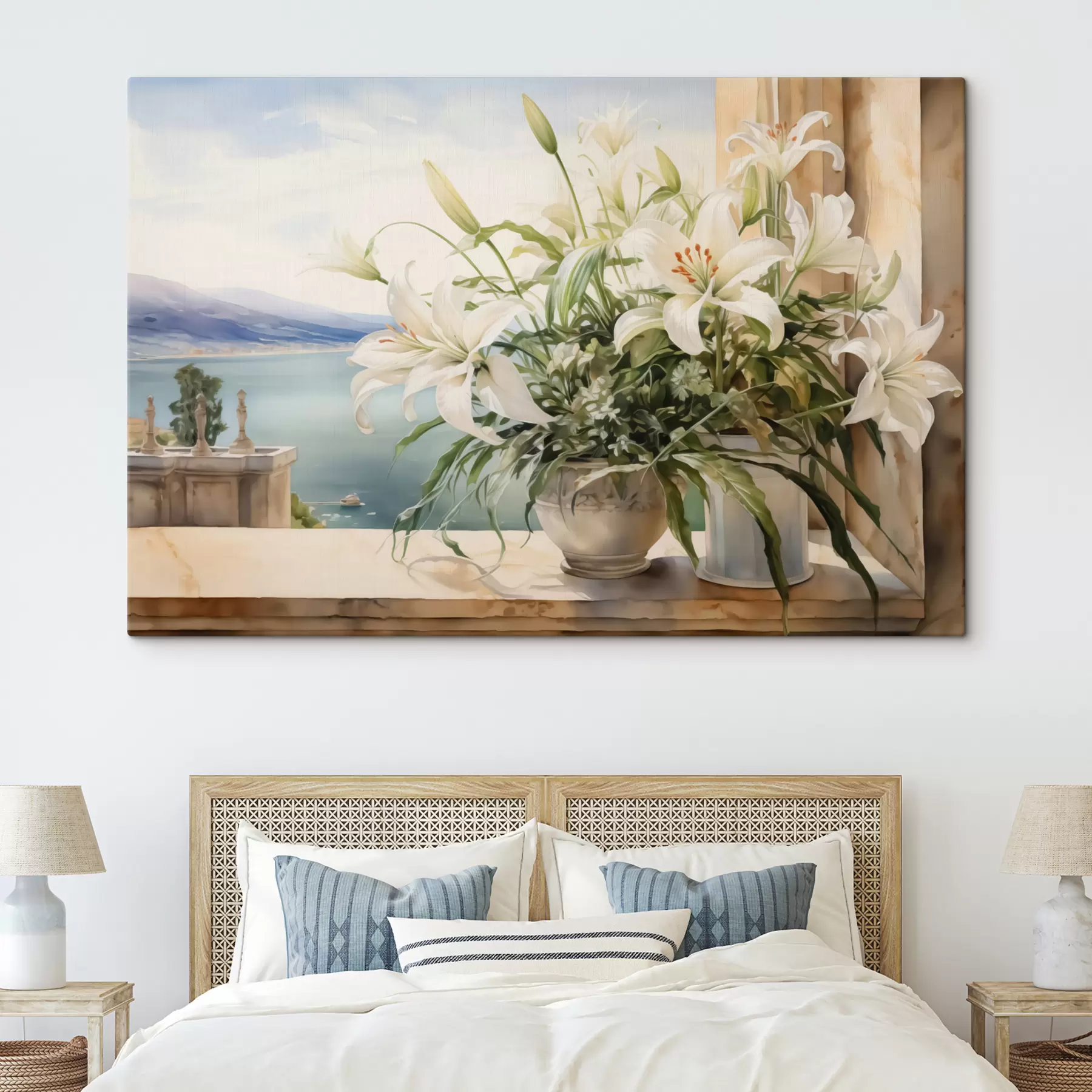 Fototapeedid Valged liiliad vaasis rõdul vaatega merele ja mägedele akvarellil s40682
