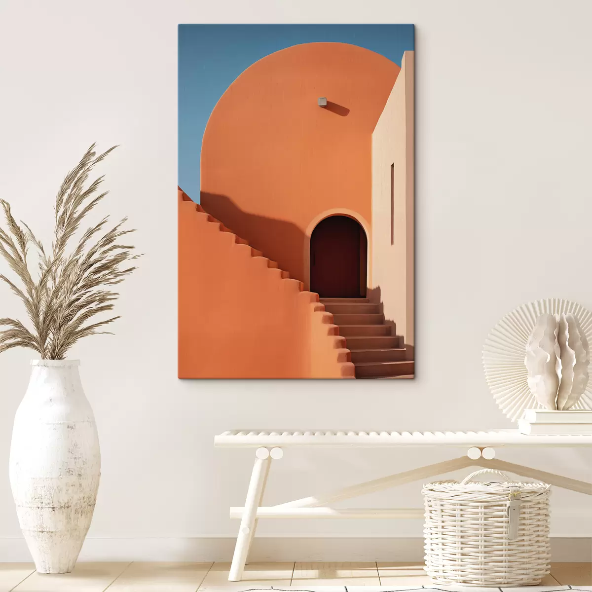 Pilt Minimalistlik arhitektuurne hoone astmetega, sinine, oranž värvus s40724