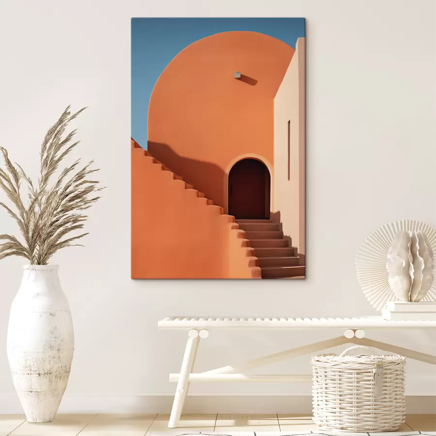 Pilt Minimalistlik arhitektuurne hoone astmetega, sinine, oranž värvus s40724