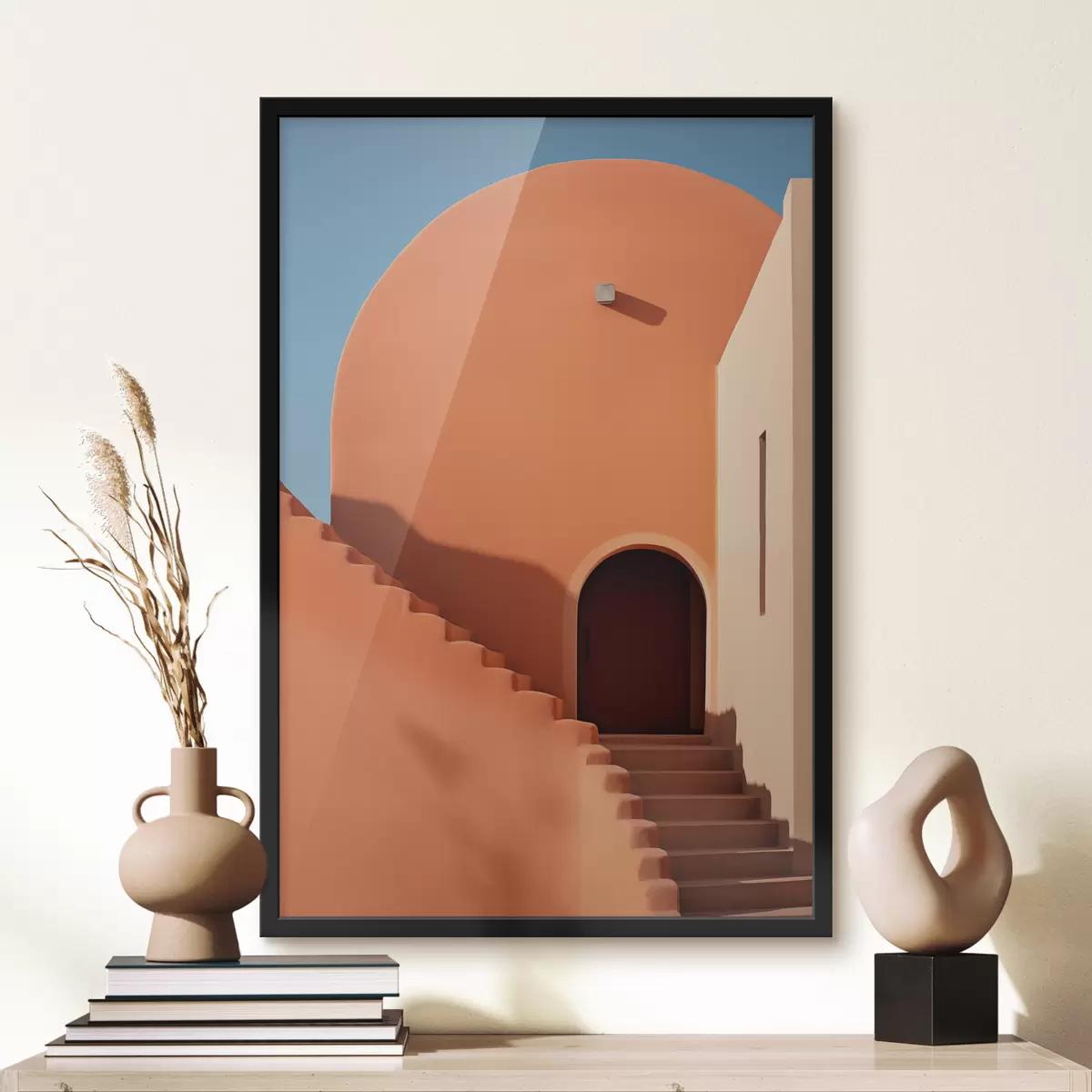 Plakat Minimalistlik arhitektuurne hoone astmetega, sinine, oranž värvus f40724