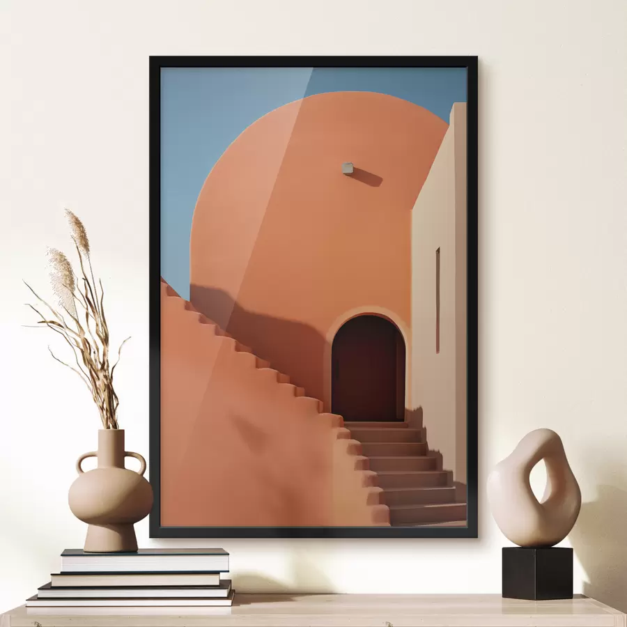 Fototapeedid Minimalistlik arhitektuurne hoone astmetega, sinine, oranž värvus f40724