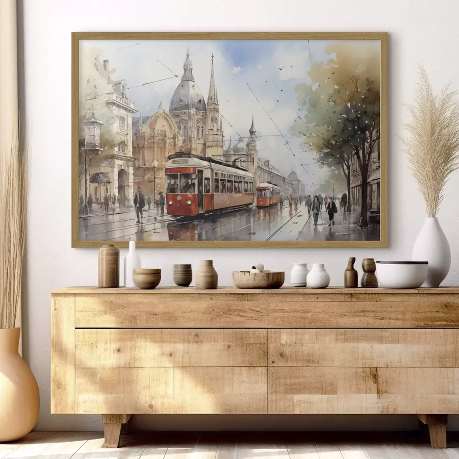 Fototapeedid Punane tramm Viini tänaval akvarellina f40732