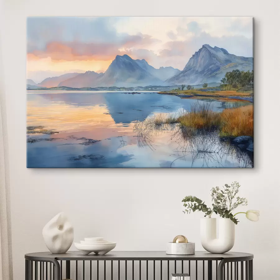 Pilt Rahulik jõgi koos mägedega, päikesetõus, pehmed värvid s40307