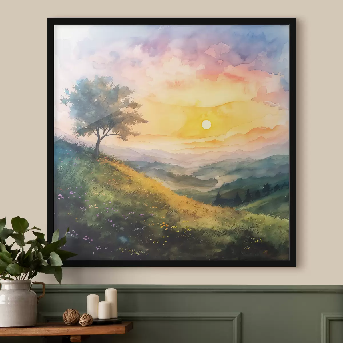 Plakat Mägede ja puudega heinamaa, lilled, akvarell f40303