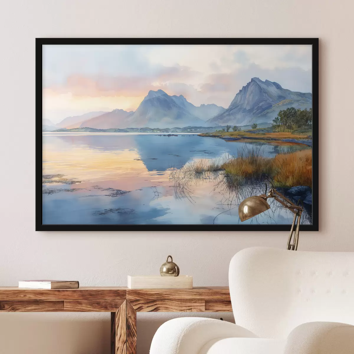 Plakat Rahulik jõgi koos mägedega, päikesetõus, pehmed värvid f40307