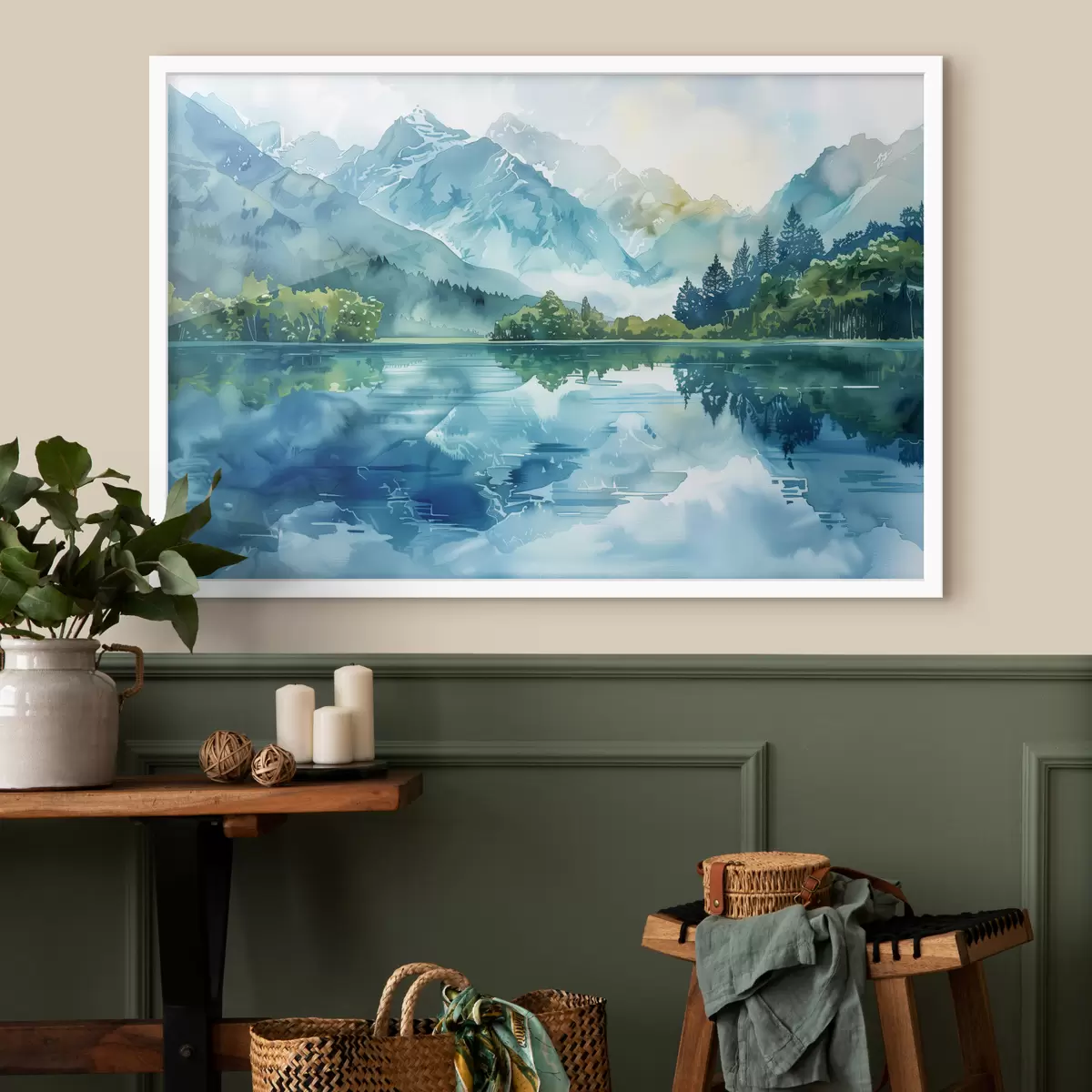 Plakat Akvarell mägede maastik, jõgi, roheline ja sinine värvid f40310