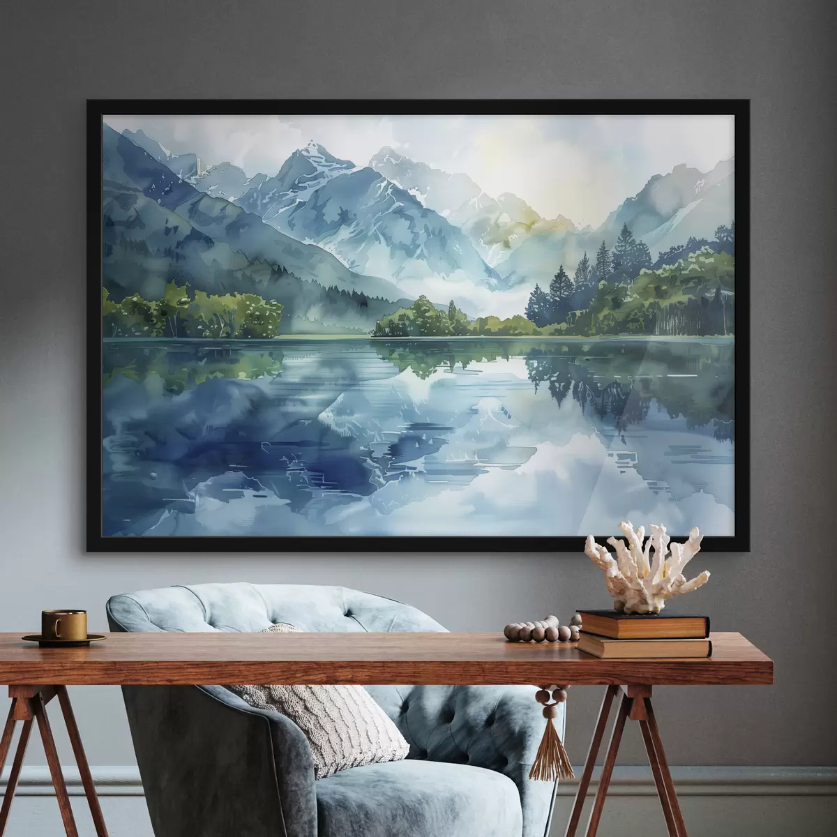 Plakat Akvarell mägede maastik, jõgi, roheline ja sinine värvid f40310