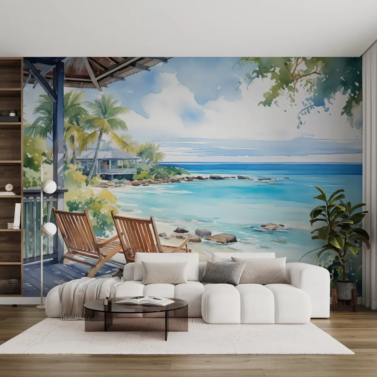 Fototapeedid Toolid terrassil villa mere ääres akvarellina w01055