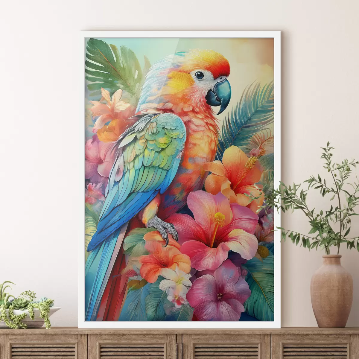 Plakat särav papagoi lilledes f40711