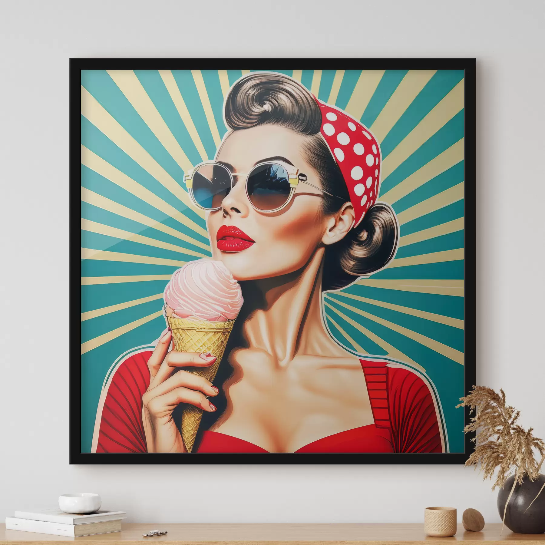 Pilt tüdruk jäätisega, pop art, pin-up, retrohõnguline, retro f40718