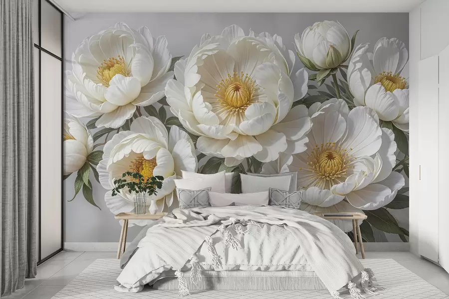 Fototapeedid Valge volüümne maalimine kollase keskusega puneedest, mida ümbritsevad rohelised lehed heledal taustal w08249