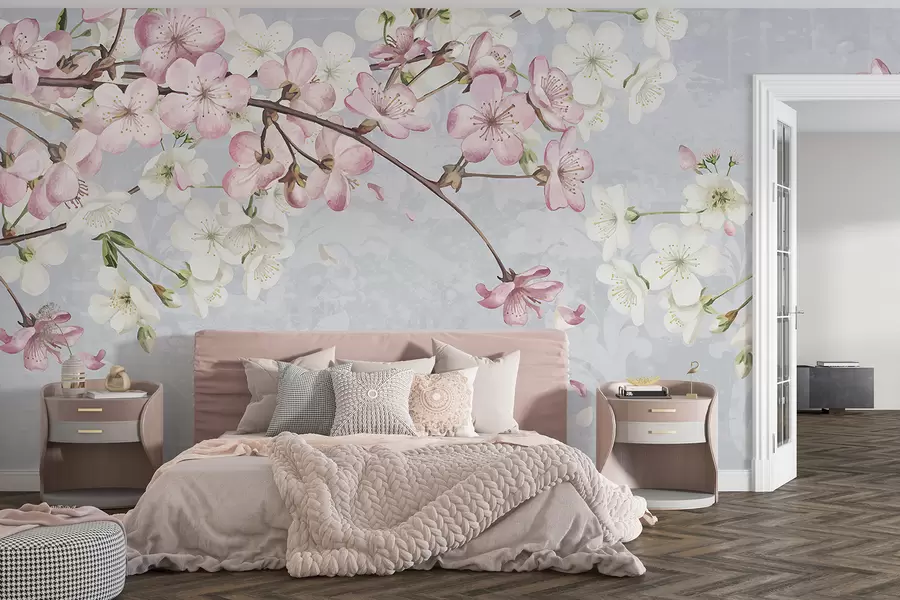 Fototapeedid Roosad ja valged kirsiõied täies õitsengus, pehmed kroonlehed langevad sinisel taustal w08254