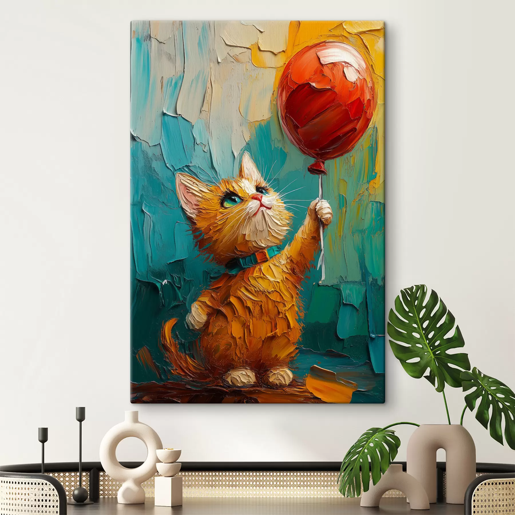 Fototapeedid Punane kass hoiab käes õhupalli, õlimaali imitatsioon s40649