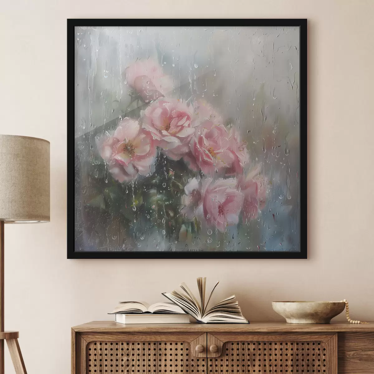 Plakat Roosade roosade kimp akna taga vihmase ilmaga f40656