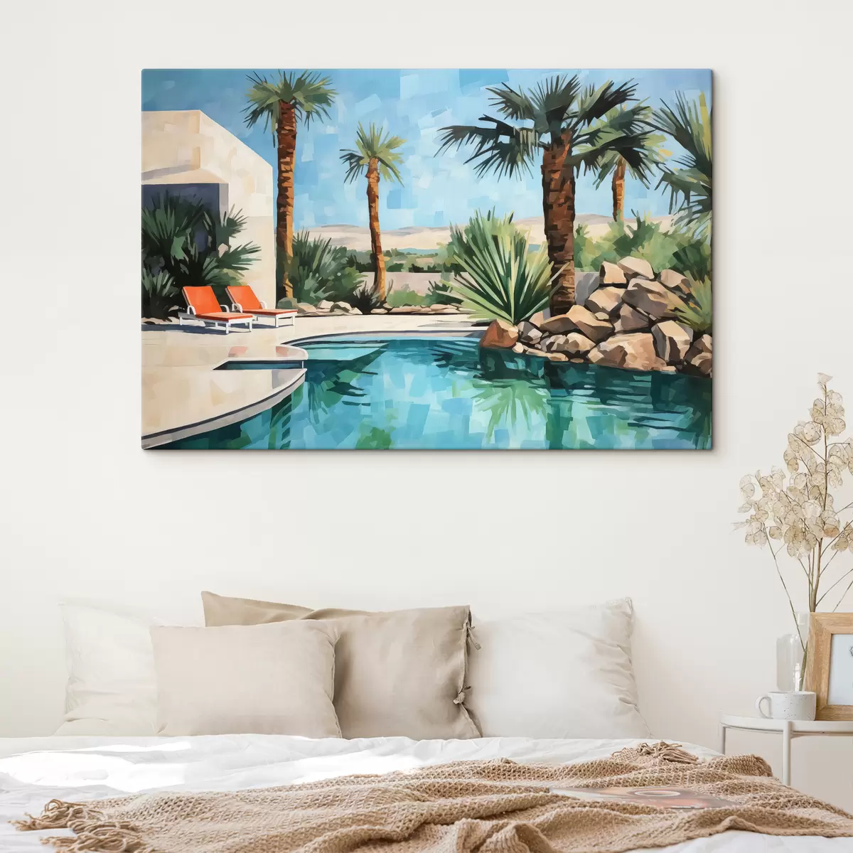 Pilt Palmipuud hotelli lähedal koos basseiniga kaljude lähedal, sinine, roheline, punane värvus s40748