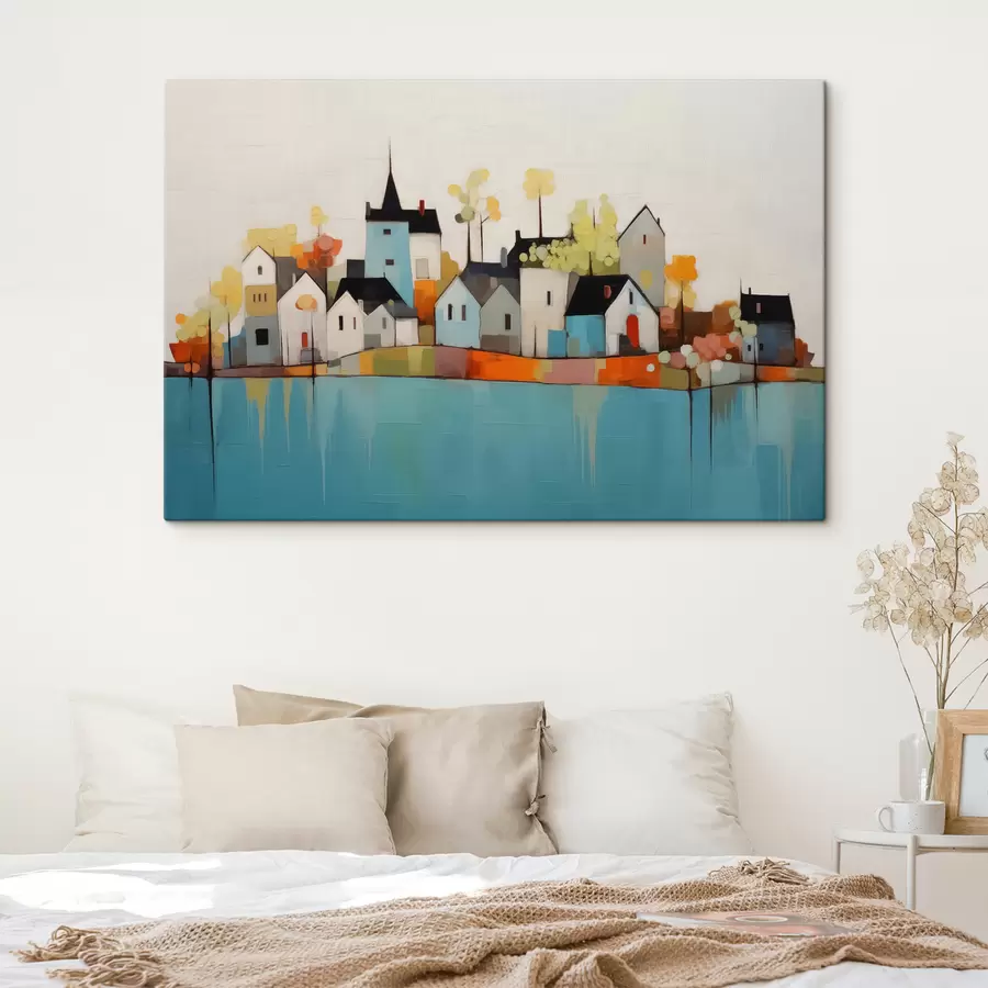 Pilt Abstraktne linn ja majad, sinine, kollane, punane värv s40751