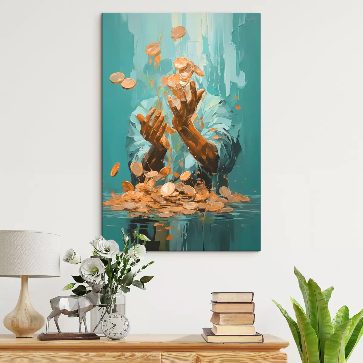 Pilt Abstraktne maal mehest, keda ümbritsevad mündid s40755