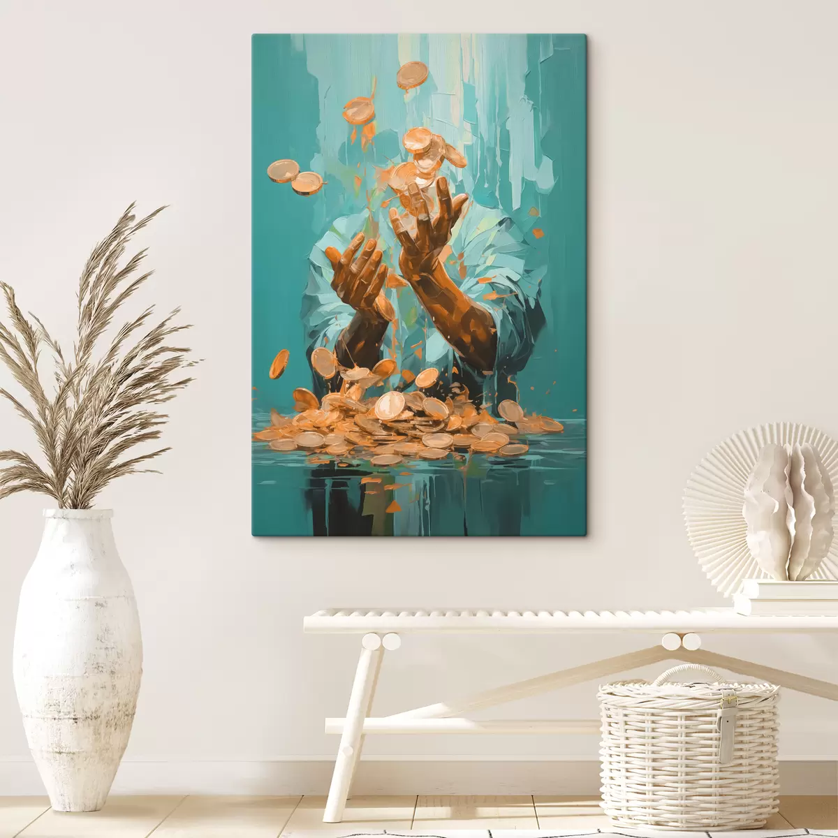 Pilt Abstraktne maal mehest, keda ümbritsevad mündid s40755