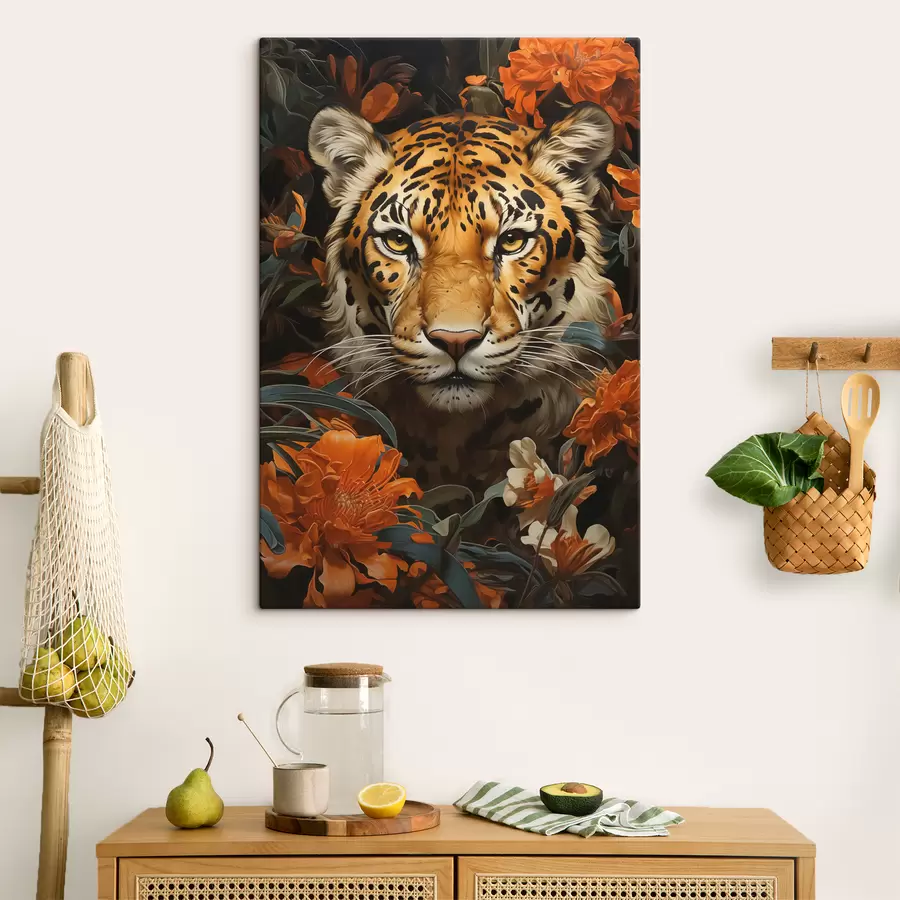Pilt Tiigri portree, mida ümbritsevad troopilised lilled s40757