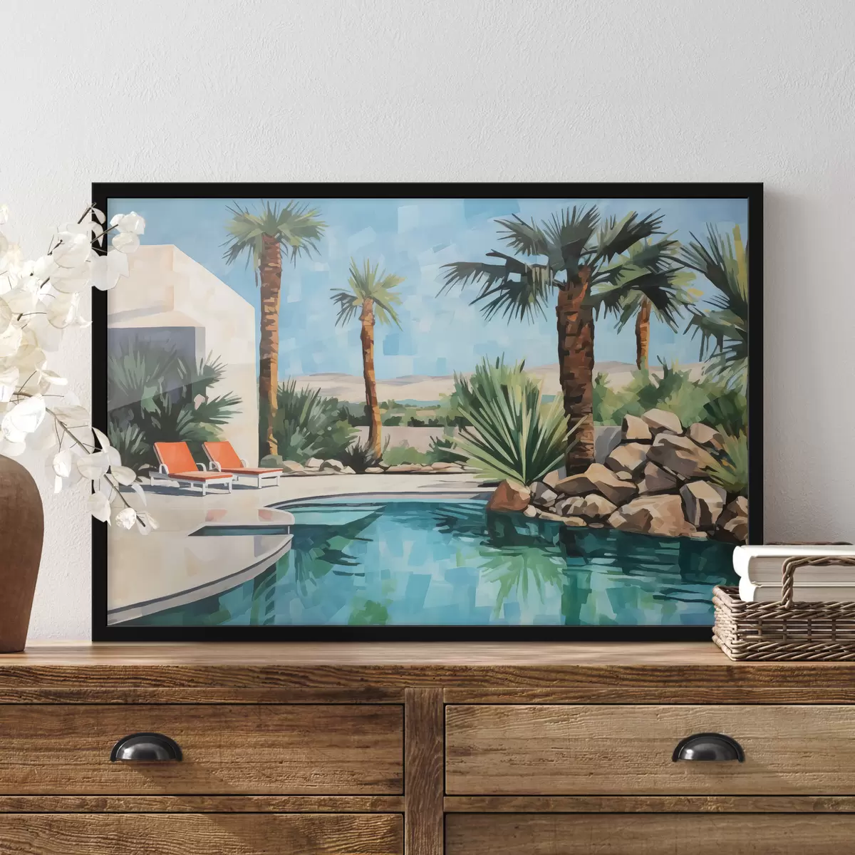 Plakat Palmipuud hotelli lähedal koos basseiniga kaljude lähedal, sinine, roheline, punane värvus f40748
