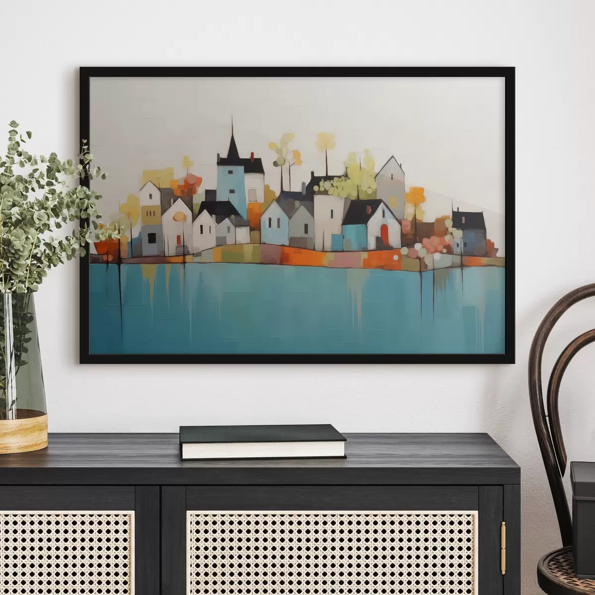 Plakat Abstraktne linn ja majad, sinine, kollane, punane värv f40751