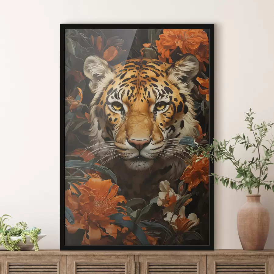 Fototapeedid Tiigri portree, mida ümbritsevad troopilised lilled f40757