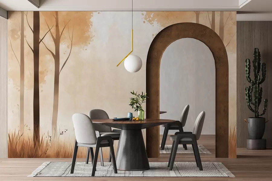 Fototapeedid Akvarell metsa, udu, puud, rohi, looduslik maastik, beež värvi w01563