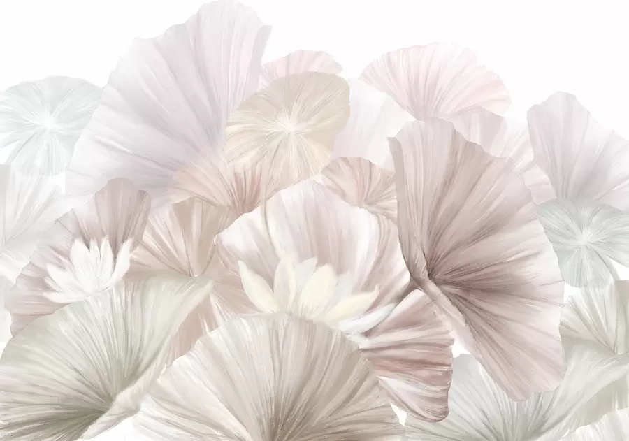 Fototapeedid Õrnad roosad lootose lehed koos valgete õitega, mille pehmed, sulelised kroonlehed on paigutatud looduslikku kunstikompositsioonile w08265v1