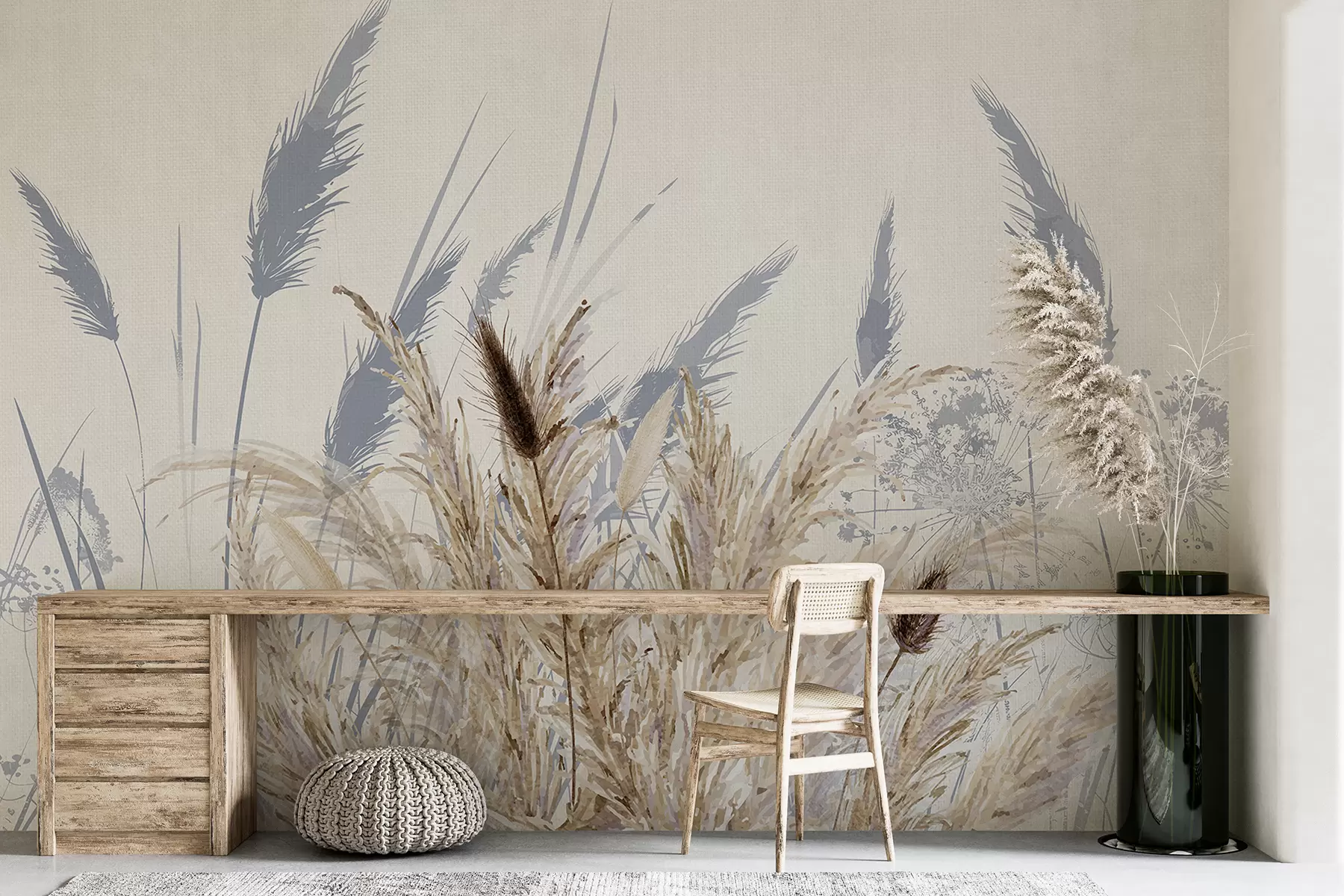 Fototapeedid Kõrged nisuvarred ja rohi, millel on heledal taustal kohevad valged sulestikud w08282