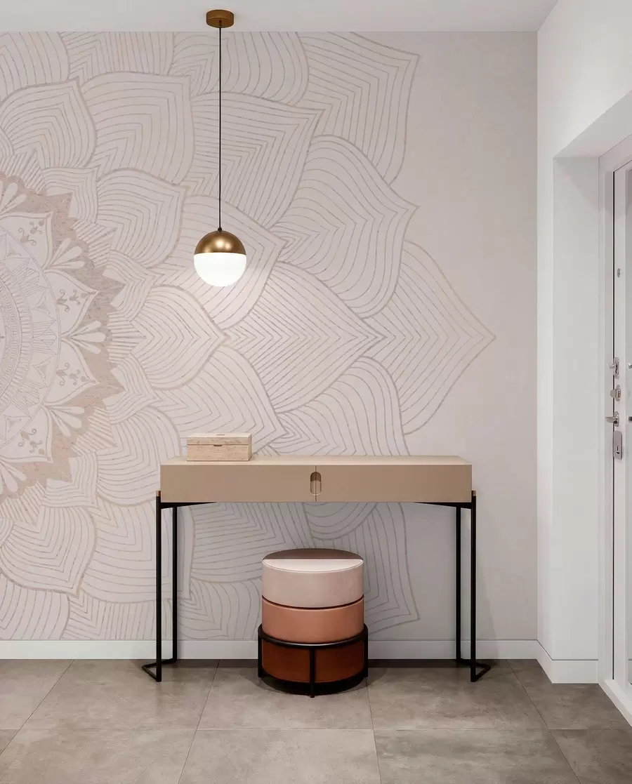 Fototapeedid Ümmargune mandala, tapeet joogaruumi või isikliku ruumi ühtlustamiseks. Soojades pastelsetes värvides seinamandalad ebakorrapärasel taustal w01088
