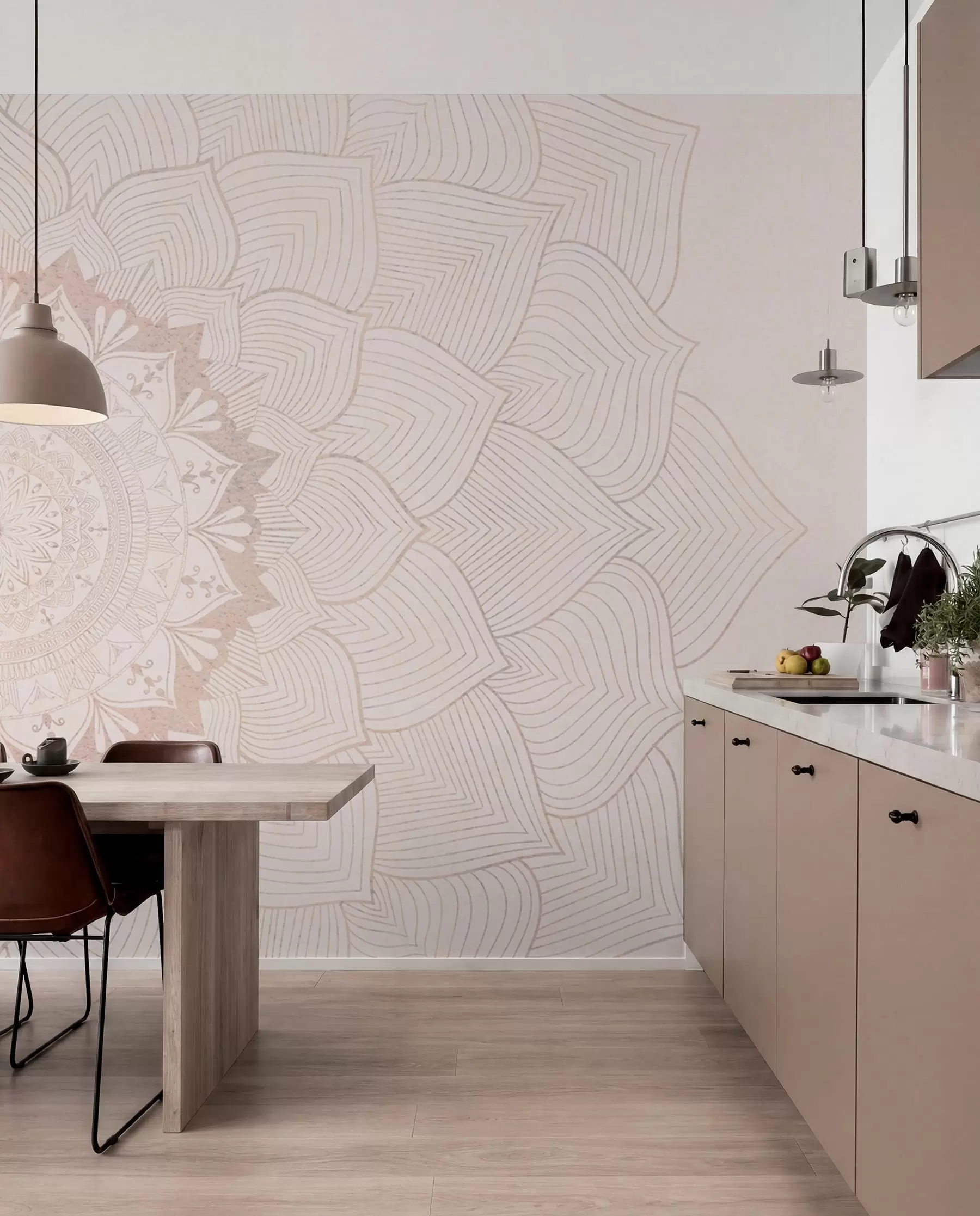 Fototapeedid Ümmargune mandala, tapeet joogaruumi või isikliku ruumi ühtlustamiseks. Soojades pastelsetes värvides seinamandalad ebakorrapärasel taustal w01088