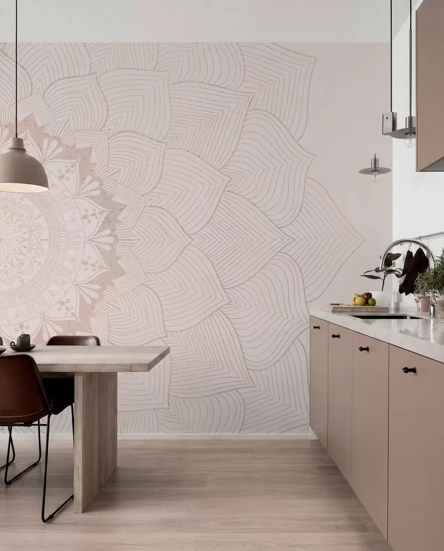 Fototapeedid Ümmargune mandala, tapeet joogaruumi või isikliku ruumi ühtlustamiseks. Soojades pastelsetes värvides seinamandalad ebakorrapärasel taustal w01088