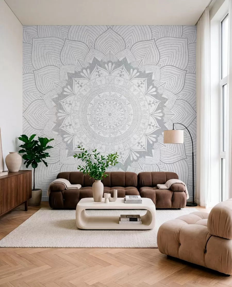 Fototapeedid Ümmargune mandala, tapeet joogaruumi või isikliku ruumi ühtlustamiseks. Hallide toonidega seinamandalad tekstuuriga heterogeensel taustal w01088v2