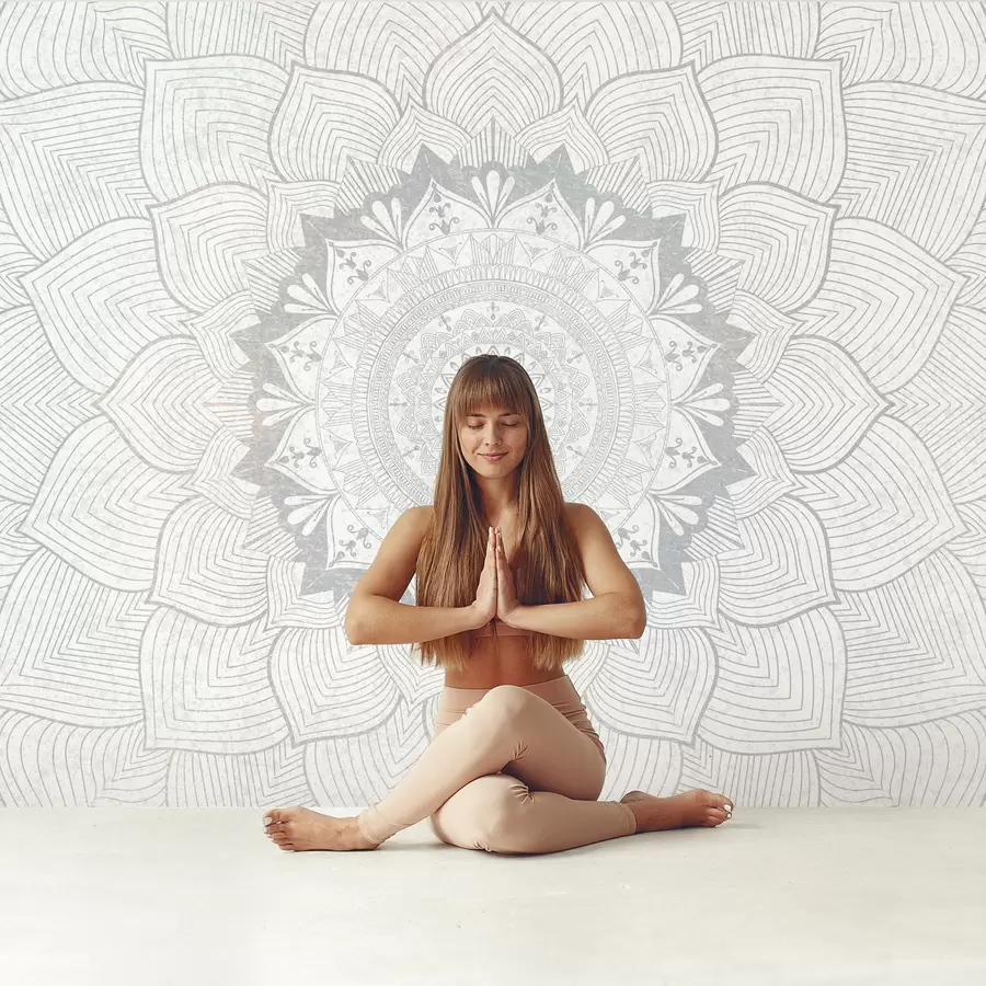 Fototapeedid Ümmargune mandala, tapeet joogaruumi või isikliku ruumi ühtlustamiseks. Hallide toonidega seinamandalad tekstuuriga heterogeensel taustal w01088v2