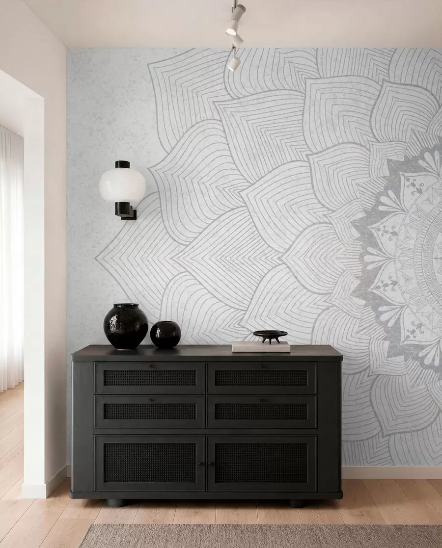 Fototapeedid Ümmargune mandala, tapeet joogaruumi või isikliku ruumi ühtlustamiseks. Hallide toonidega seinamandalad tekstuuriga heterogeensel taustal w01088v2
