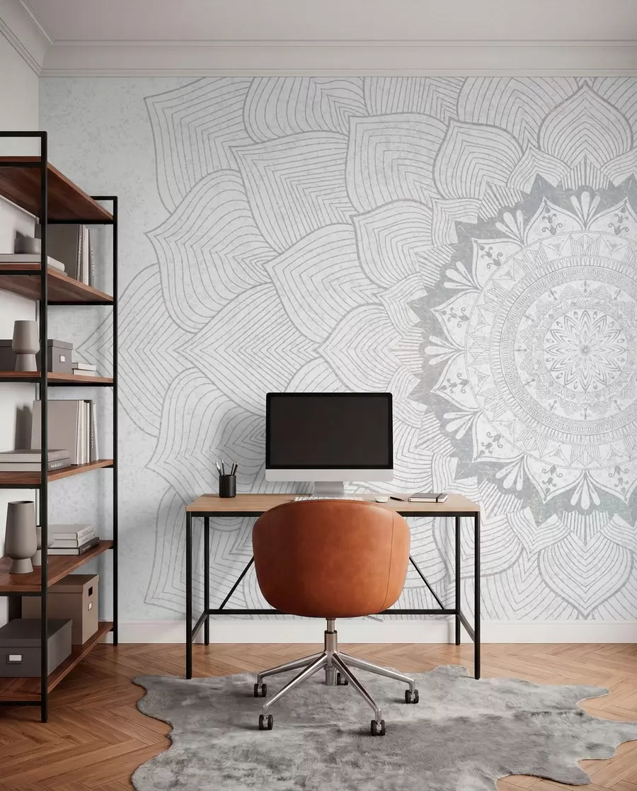 Fototapeedid Ümmargune mandala, tapeet joogaruumi või isikliku ruumi ühtlustamiseks. Hallide toonidega seinamandalad tekstuuriga heterogeensel taustal w01088v2