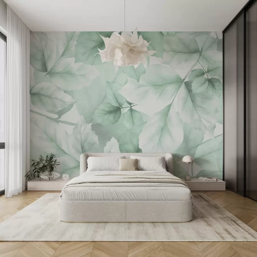 Fototapeedid Tekstuurne tapeet suurte lehtedega pastelsetes rohelistes toonides w01090v3