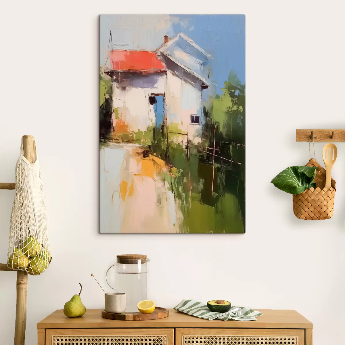 Pilt Abstraktne maastikumaja aia ääres, punane, sinine, roheline, kollane värvus s40689