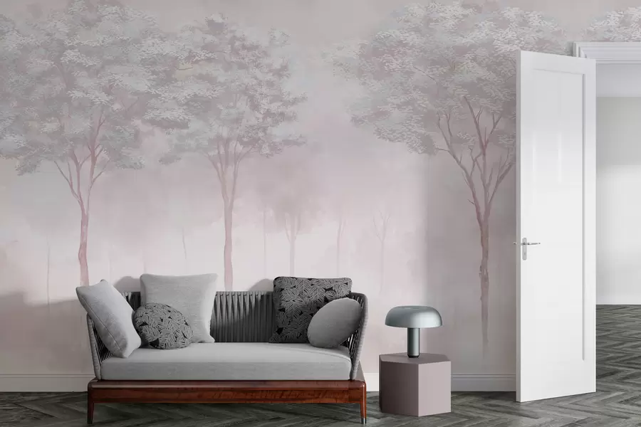 Fototapeedid Pehme roosa värvi udune metsa siluett w01599v1