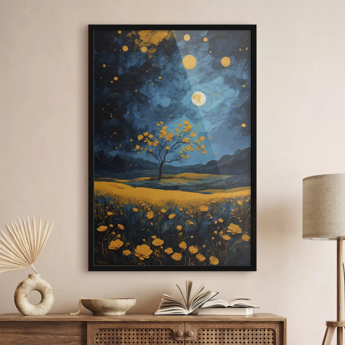 Plakat Kollaste lillede väli öösel f40643