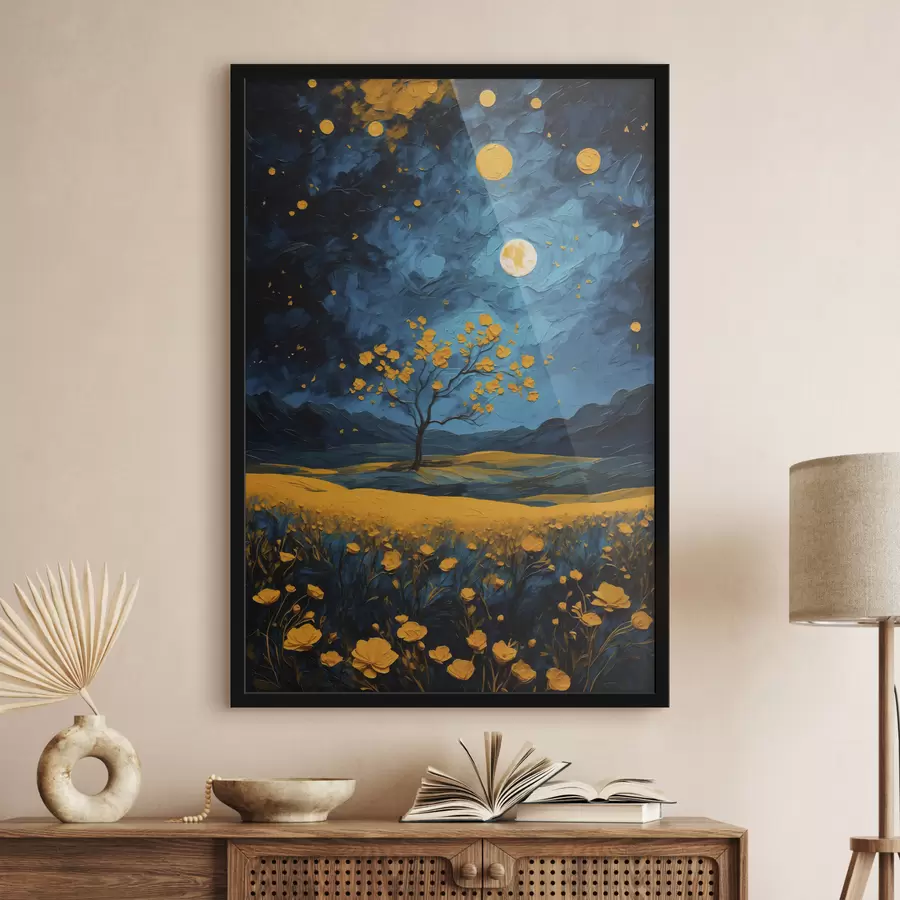 Fototapeedid Kollaste lillede väli öösel f40643