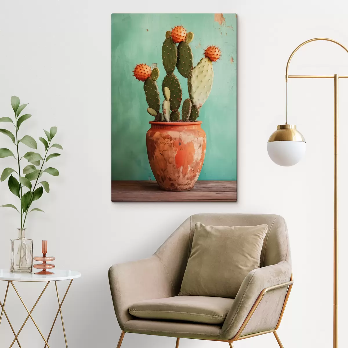 Pilt Kaktus vanas savipotis sinirohelise seina taustal s40807