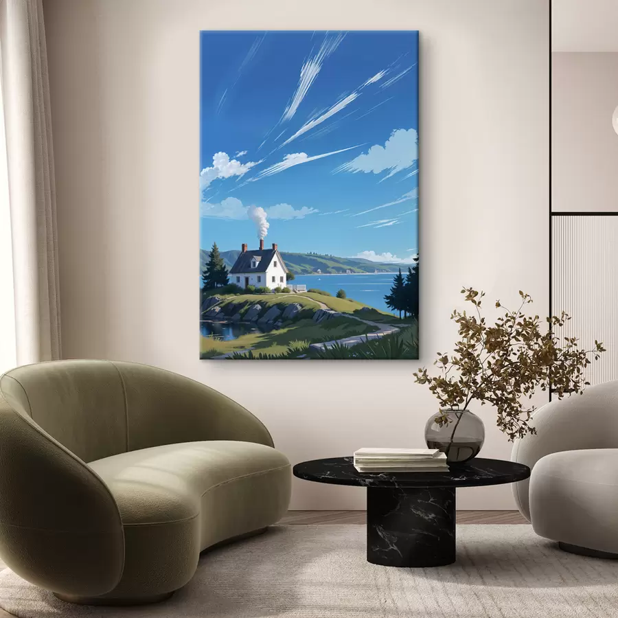 Pilt Valge maja rohukünkal, taustaks mäed ja sinine taevas, millel on hajusad pilved s40587