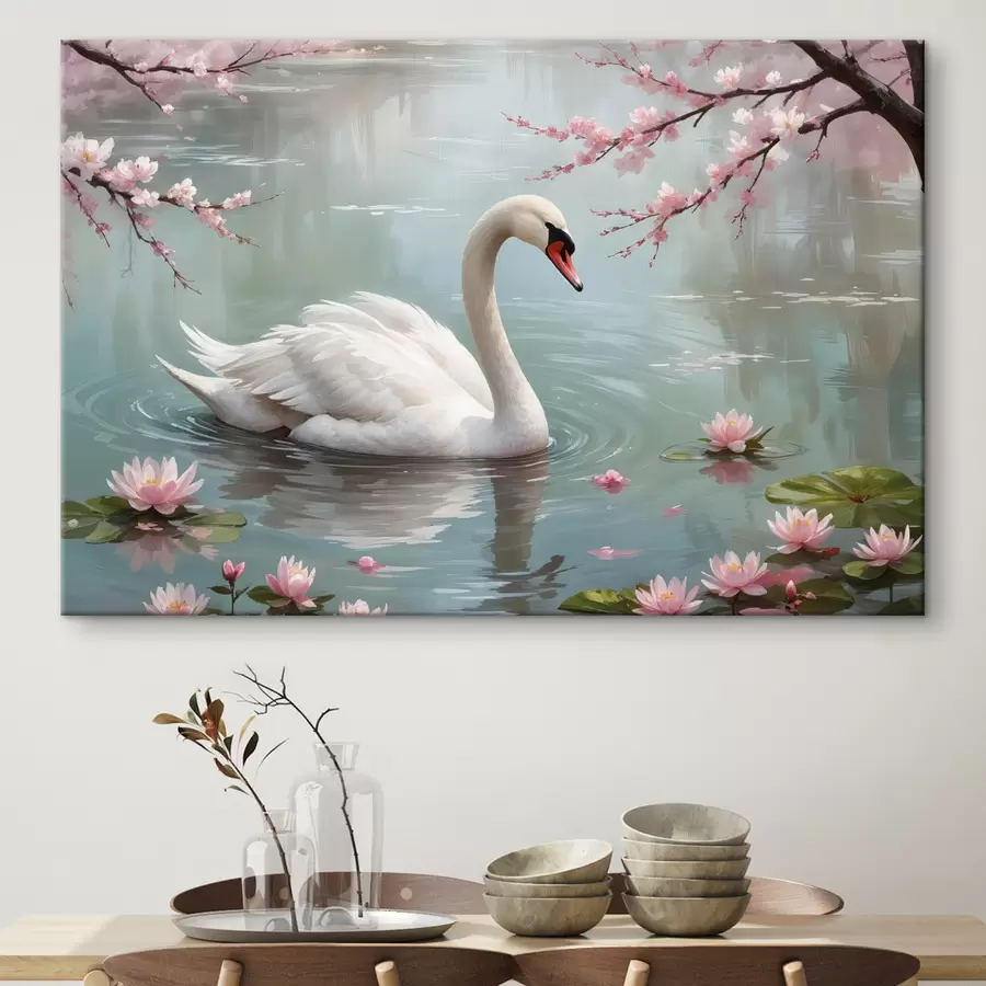 Pilt Graatsiline valge luik ujub rahulikus tiigis, mida ümbritsevad õitsvad roosad kirsiõiepuud s40597