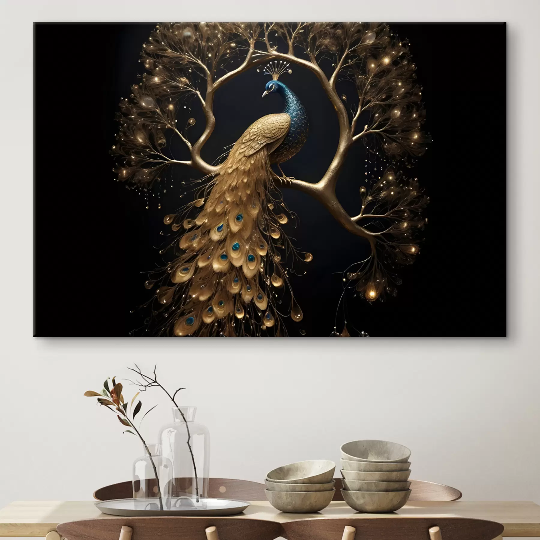 Pilt Elava sulgedega paabulind istub oksal tumedal taustal helendavate puude taustal s40612