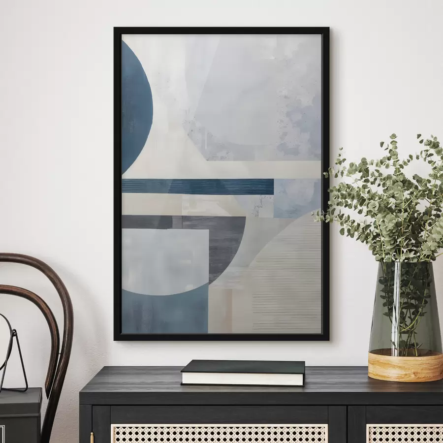 Pilt Minimalistlik abstraktsioon geomeetriliste kujundite ja tekstuuridega sinistes, hallides ja valgetes toonides f40596