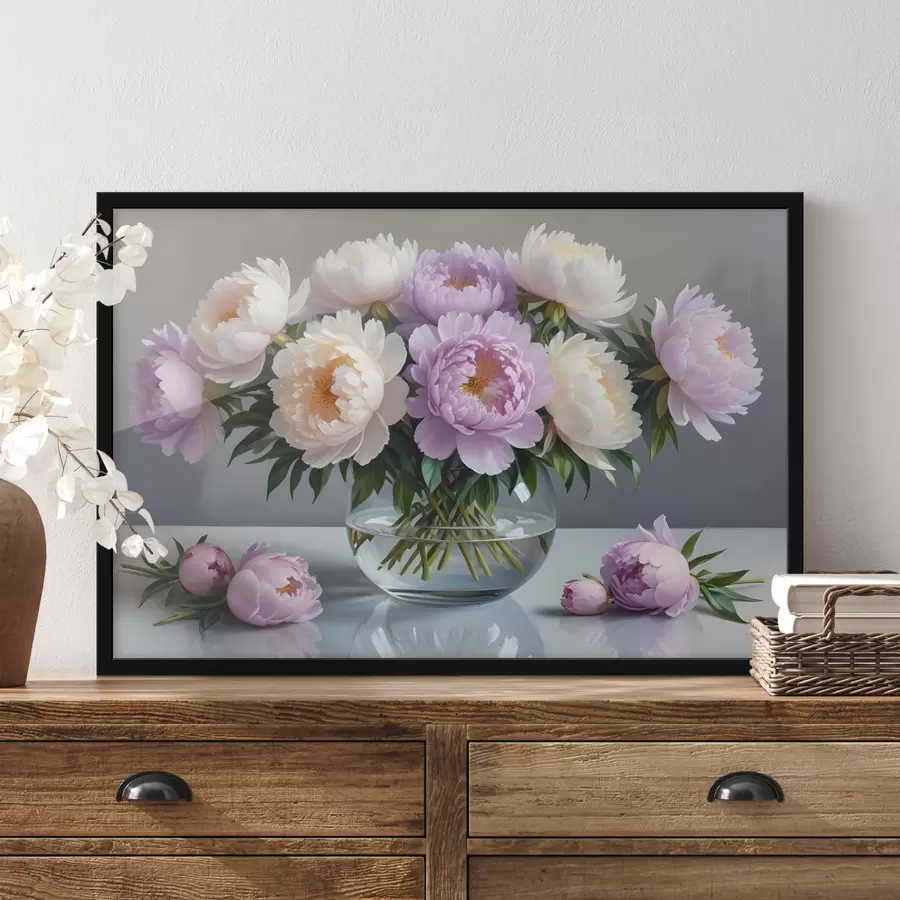 Fototapeedid Suurtest, lopsakatest valgetest ja roosadest pojengililledest koosnev kimp klaasvaasis halli taustaga f40610