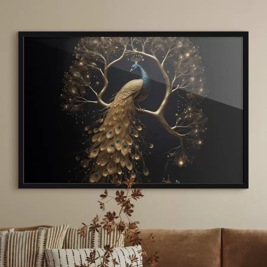 Fototapeedid Elava sulgedega paabulind istub oksal tumedal taustal helendavate puude taustal f40612