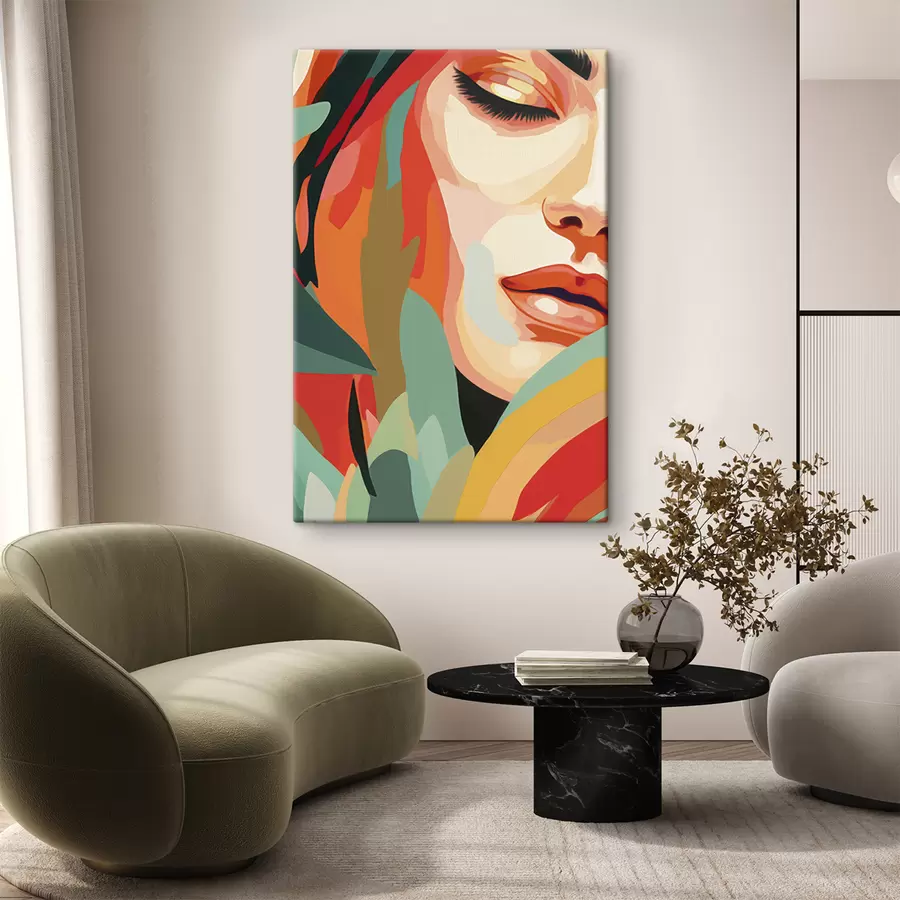 Pilt Ilus naine nägu, geomeetriline abstraktsioon, lilleline, akrüüljoonistus s40815